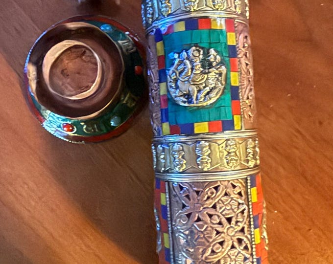 Tibetan Buddha Incense Burner Tower, Cylindrical Stone Inlaid Copper Burner For Tibetan and Stick Incense, 4-Piece, Nepal