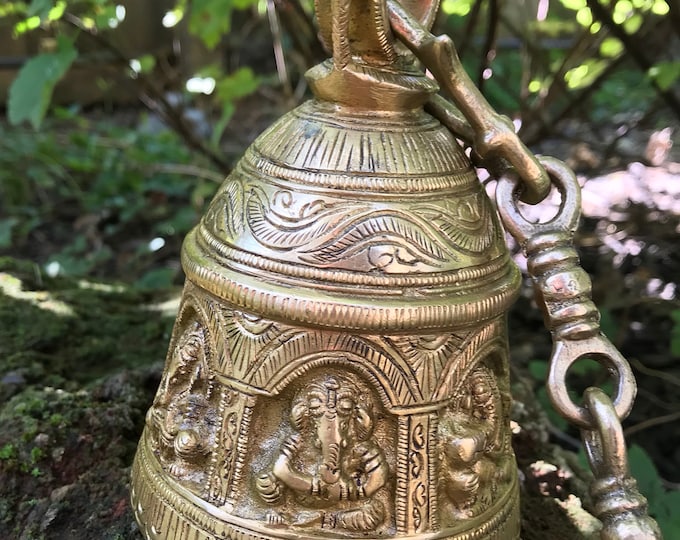 Solid Brass Ganesha Temple Bell 5 LBS, 6" Tall, 33" Chain w/Attached Hook