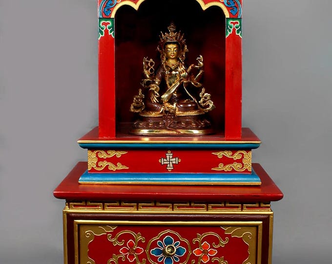 Tibetan Shrine Box with Table for 10" Statue, Handcrafted and Painted, Rustic, Statue Not Included, Nepal