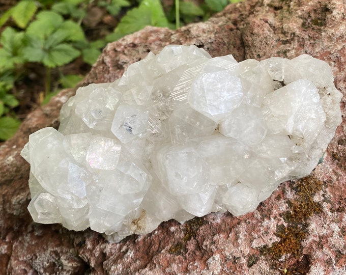 Apophyllite Cluster, Clear, Full Crystal on Matrix, 1-1/4 LB- Silver & Rainbow Points, India, 540.50 Grams, CR10252