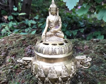 Tibetan Buddha Brass Incense Burner with Incense, Vintage Style, Heavy, 3 LBS+