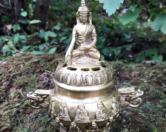 Tibetan Buddha Brass Incense Burner with Incense, Vintage Style, Heavy, 3 LBS+