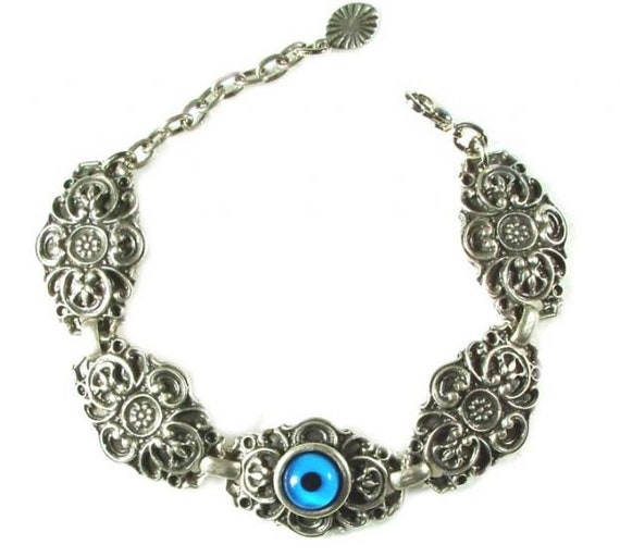 Nazari Evil Eye Bracelet, Blue, Silver Plated, Storage Pouch Included, 6.5" L x 3/4" W
