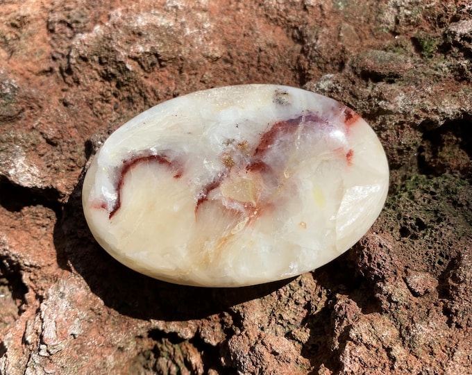 Peach & White Stilbite with Red Heulandite, Polished Palm Stone, Schiller, India, 72.80 Grams, CR12033