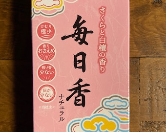 Mainichi-Koh, Japanese Sandalwood and Cherry Blossom Incense, 280 Sticks per Box, 6” Slender Sticks, Less Smoke