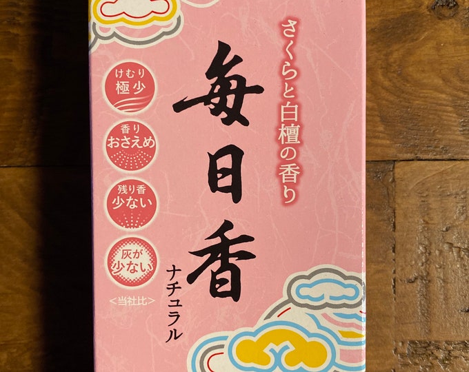 Mainichi-Koh, Japanese Sandalwood and Cherry Blossom Incense, 280 Sticks per Box, 6” Slender Sticks, Less Smoke
