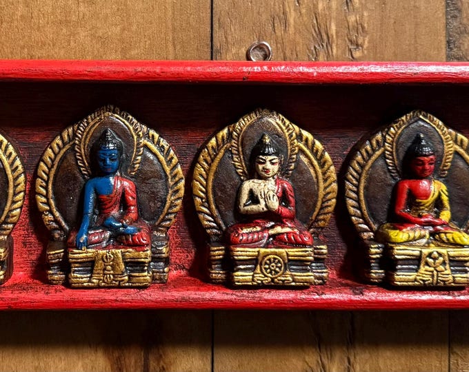 Wooden Pancha Buddha Door Hanging Plaque, Skillfully Carved and Hand Painted, Nepal, 10.5" L x 2.75" H x 0.75" W, 1/2 LB+