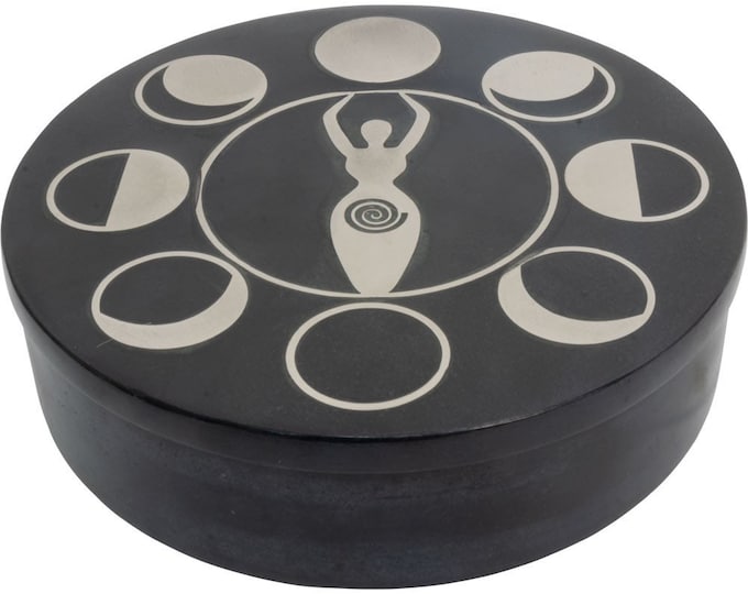 Soapstone Round Lidded Box with Silver Inlay, Moon Phase Goddess, 1-1/3 LBS+ 5" Diameter X 1-1/2" Tall, Heavy