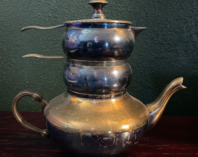 Raj Tea Pot, 1-1/2 LBS Vintage Stacked Design, Tea Making and Serving for Two, Original Sundance 109989