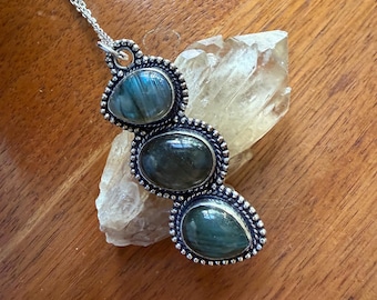 Handcrafted Labradorite Triple Stone Pendant, 28" Cable Chain, Sterling Silver, LS12827