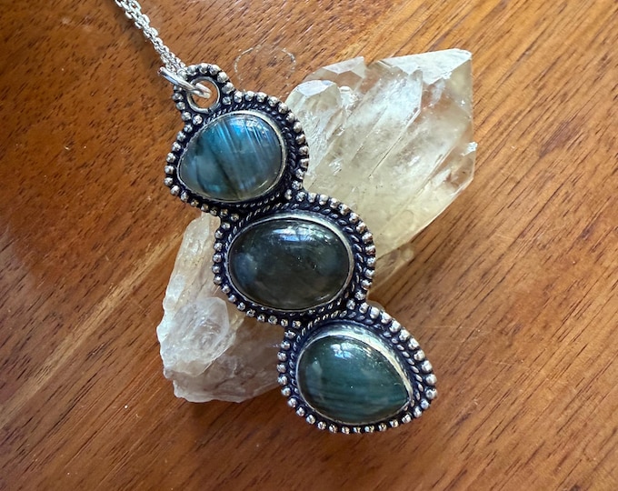 Handcrafted Labradorite Triple Stone Pendant, 28" Cable Chain, Sterling Silver, LS12827