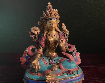 TARA, Vintage Gold Plated, Turquoise, Lapis, & Coral Inlay, Hand Crafted, Gemstones, 6" Tall, 2 LBS- Nepal