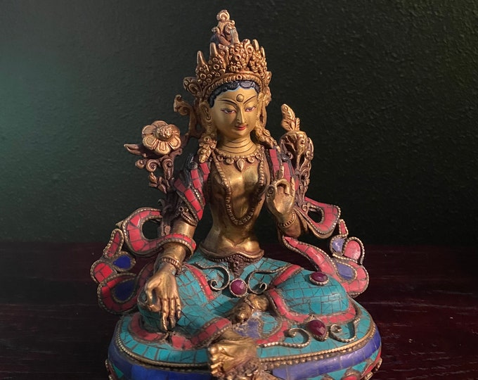 TARA, Vintage Gold Plated, Turquoise, Lapis, & Coral Inlay, Hand Crafted, Gemstones, 6" Tall, 2 LBS- Nepal