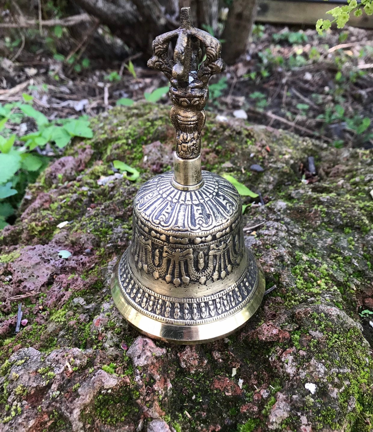 Tibetan Bell 6”, Ghanta & Dorje, Brass Bell and Vajra with Detail