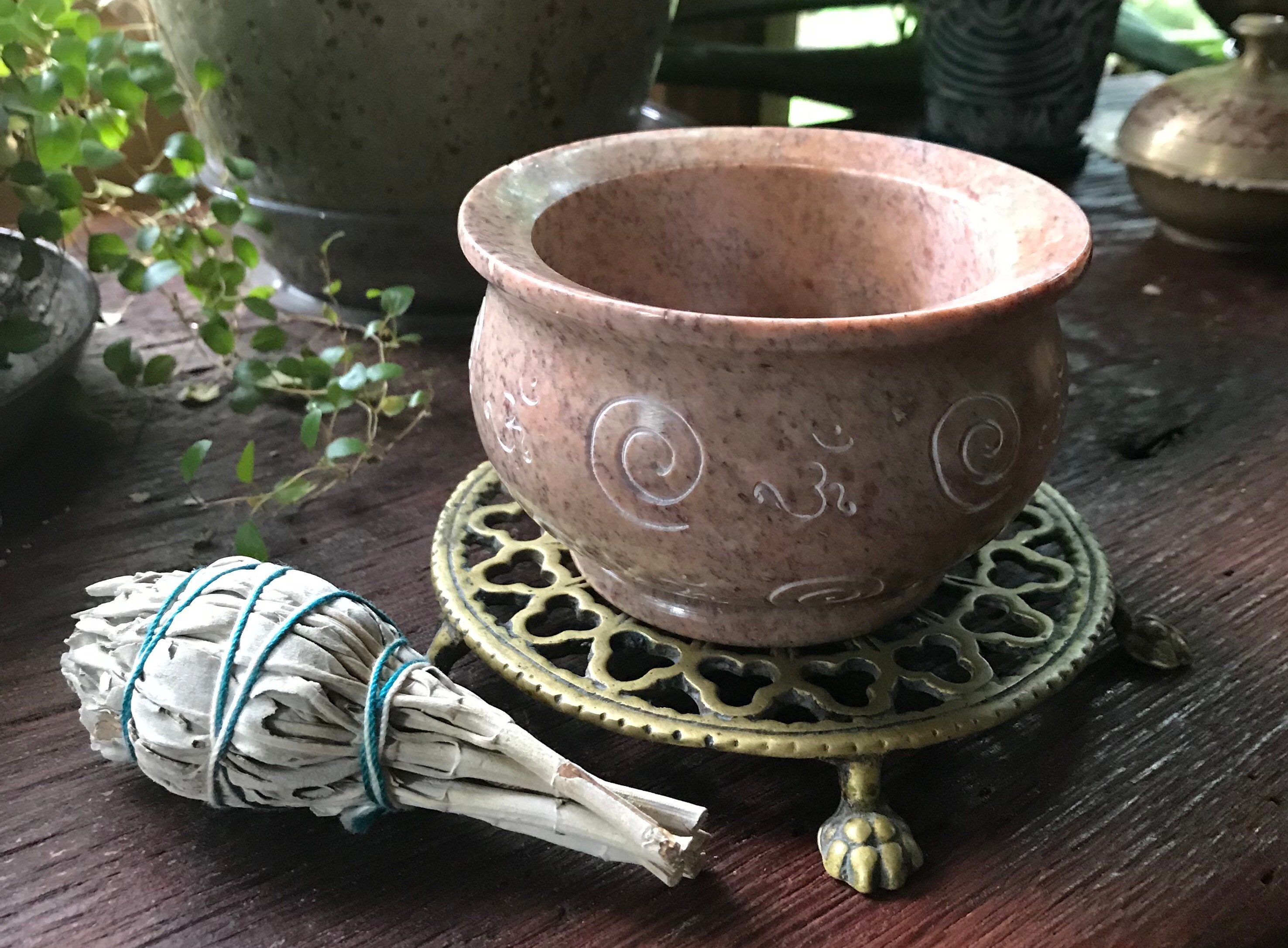 Soapstone Spiral Smudge Bowl with Mini Smudge Wand, 4 Heavy Altar Bowl