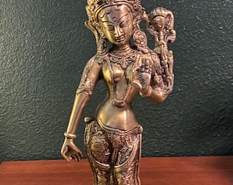 Standing Tara, 12" Tall, 3-1/4 LBS, Solid Polished Brass, India, ST12185