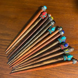 Hair Sticks, Choose from Hand-Painted Yak Bone, Wooden Hair Sticks, or Silvertone with Baubles, Nepal