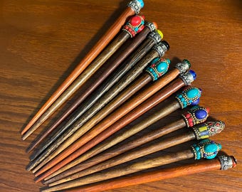 Hair Sticks, Choose from Hand-Painted Yak Bone, Wooden Hair Sticks, or Silvertone with Baubles, Nepal