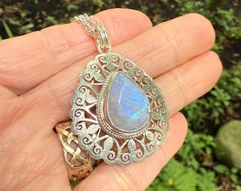 Blue Moonstone Pendant, Gently Faceted, Silver Filigree Design, 27" Chain, Nepal, LS12679