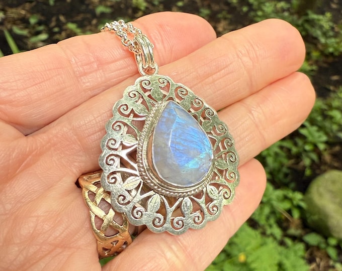 Blue Moonstone Pendant, Gently Faceted, Silver Filigree Design, 27" Chain, Nepal, LS12679