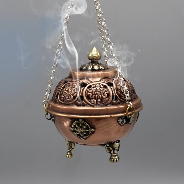 Tibetan Eight Auspicious Symbols Hanging Incense Burner, Copper with Brass Details, 1/2 LB- Nepal TIB11390