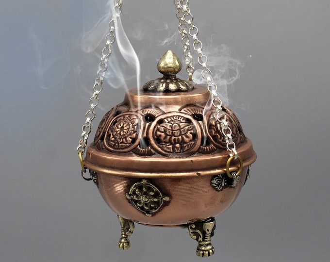 Tibetan Eight Auspicious Symbols Hanging Incense Burner, Copper with Brass Details, 1/2 LB- Nepal TIB11390