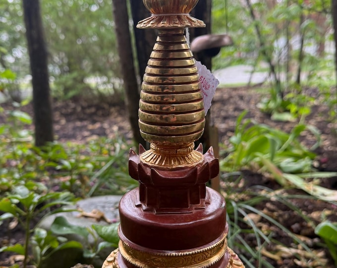 Stupa Chorten, Gold Plated, 11”Tall, Wisdom, Enlightenment, Wood and 24K Gold Plated Embellishments, Sacred Altar Icon