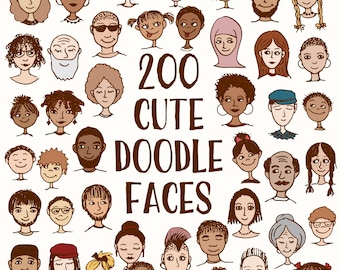 Vector Clipart - 200 cute doodle faces, hand drawn doodles, people&#39;s faces - PNG and SVG files