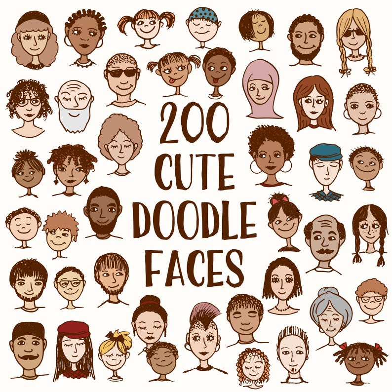 Puede incluir: Una colecci&oacute;n de 200 caras de doodle lindas en varios estilos y expresiones. Las caras est&aacute;n dibujadas en blanco y negro con algunos acentos de color. El texto "200 Cute Doodle Faces" est&aacute; escrito en letras marrones en el centro de la imagen.