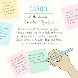 Może przedstawiać: Kolorowa ilustracja ręcznie pisanego kroju pisma o nazwie Caroni. Krój jest opisany jako uroczy, ręcznie robiony krój pisma o prostym i czystym wyglądzie. Krój jest dostępny w stylach Regular, Bold i Italic. Obraz zawiera również kilka motywacyjnych cytatów napisanych krojem Caroni.
