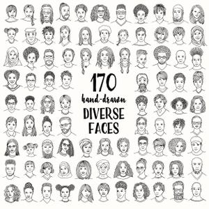 Vector Clipart - 170 diverse hand-drawn faces, young adults, children and older people, outline drawings, black and white - PNG + SVG files