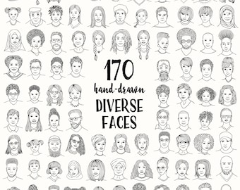 Clipart vectorial: 170 rostros diversos dibujados a mano, adultos jóvenes, niños y personas mayores, dibujos de contorno, en blanco y negro - Archivos PNG + SVG