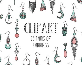 Hand Drawn Earrings: Clipart Set with 15 Pairs of Earrings, Individual PNG files, Collages and Scrapbooking Supply