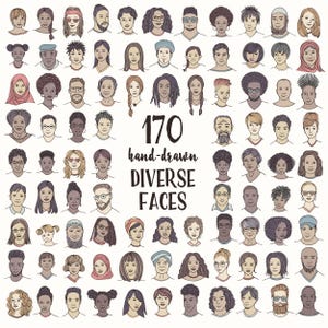 Clipart - 170 diverse, handgezeichnete Gesichter, junge Erwachsene, Kinder und ältere Menschen, handgezeichnete Clipart, Gesichter von Menschen - PNG - und SVG-Dateien