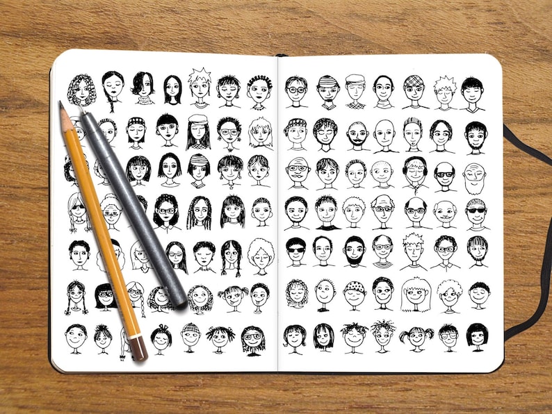 Puede incluir: Un cuaderno con dibujos en blanco y negro de caras en cada p&aacute;gina. El cuaderno est&aacute; abierto en una p&aacute;gina con 100 caras.