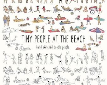 Tiny People at the Beach - Set of Hand-Drawn Vector People, Cute Families Chilling at the Beach, Vector SVG and PNG, Diverse Holiday People
