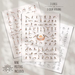 Affiche des postures de yoga Iyengar (asanas) | 3 affiches murales en 3 styles de couleurs | Décoration murale à imprimer | Illustrations dessinées à la main | Téléchargement numérique