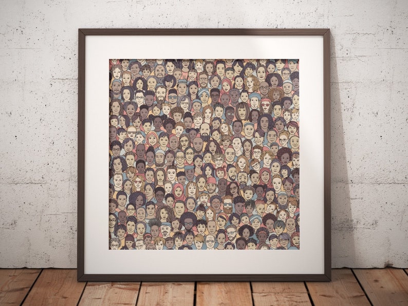 Diverse Faces Seamless Printable Wall Art, Seamless Tileable Pattern, Huge Crowd of International People, Digital Paper to Print at Home image 2