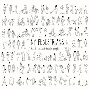 Może przedstawiać: Czarno-biała ilustracja kolekcji małych ludzi, czyli pieszych, w różnych pozach i czynnościach. Ilustracja nosi tytuł "Tiny Pedestrians" i zawiera tekst "hand sketched doodle people".