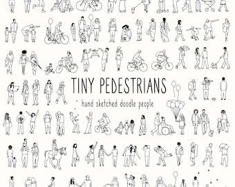 Tiny Pedestrians Black and White - Set of Hand-Drawn Vector People, Small Urban People Walking Through the Street, Line Art Vector SVG + PNG