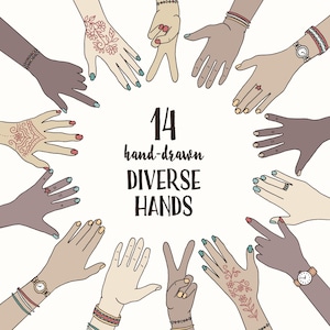 Könnte beinhalten: Handgezeichnete Illustration mit 14 verschiedenen Händen, die in einem Kreis angeordnet sind. Die Hände weisen unterschiedliche Hauttöne, Schmuck, Nagellack und Henna-Muster auf. Der Text lautet "14 hand-drawn DIVERSE HANDS".