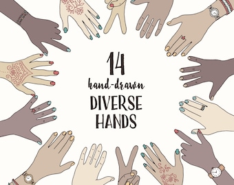14 Hand Drawn Diverse Hands Clipart | Multicultural Women’s Hands PNG | Inclusive Hand Illustration Bundle for Designers