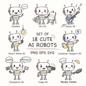 Cute AI Robot Clipart Set Hand Drawn Digital Illustrations for Stickers Classroom Decor Planners and Educational Projects