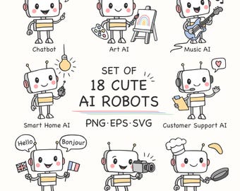 Schattige AI-robot clipartset handgetekende digitale illustraties voor stickers klaslokaal decor planners en educatieve projecten