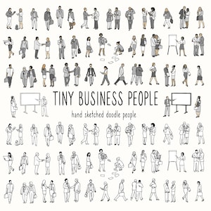 May include: A collection of 70 black and white hand-drawn illustrations of business people in various poses. The illustrations are simple and stylized, and they depict people in a variety of business settings, such as meetings, presentations, and networking events. The text "Tiny Business People" and "hand sketched doodle people" is included in the image.