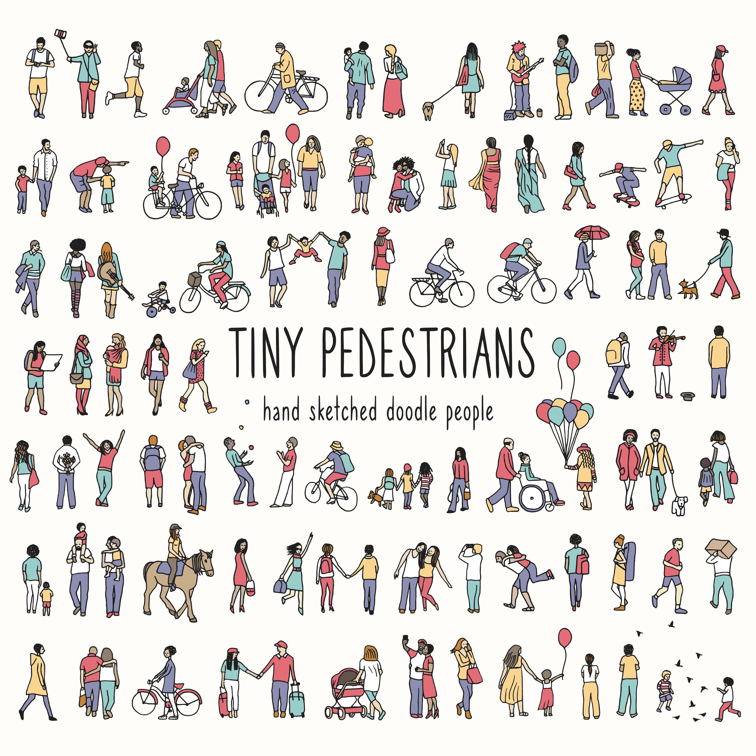 Tiny Pedestrians - Set of Hand-Drawn Vector People, Small Urban People Walking Through the Street, Vector SVG and PNG, Diverse Vector People