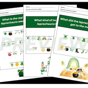Può includere: Tre fogli di lavoro di enigmi con codice di immagini per la festa di San Patrizio. Ogni foglio di lavoro presenta uno striscione verde con una domanda e indizi di immagini per risolvere l'enigma. Gli enigmi includono "Cosa indossano i veri folletti?"