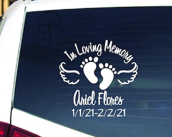 In Loving Memory Custom Baby Vinyl Decal,  Personalized Footprints Angel Wing Sympathy Sticker