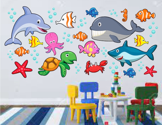 Ocean Wall Decals , Sea Animal Wall Stickers, Ocean Life Nursery Decor, Kids Room Wall Art