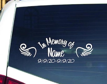Personalized In Loving Memory Window Sticker , Custom Name Angel Wings Memorial Decal